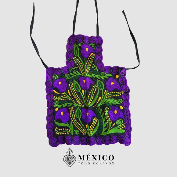 Purple flowered Mexican apron 28 x 21 inches ties top and back Alcatrazes - Picture 3 of 3